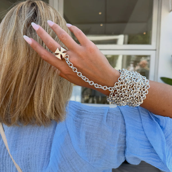 One piece ring bracelet crafted by hand in solid sterling silver and solid Italian sterling silver chains