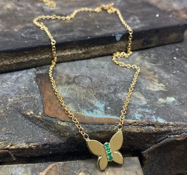 The JJ Butterfly Necklace In 18K Gold And Emerald Stones