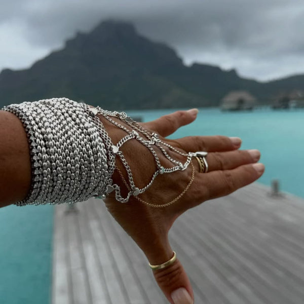 The Paulina ring bracelet is Paulina's signature bracelet, crafted by hand in solid sterling silver and Italian sterling silver chains
