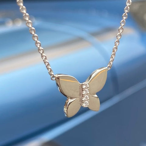 The JJ Butterfly necklace made by hand in solid sterling silver and brilliant diamonds www.paulinajewelry.com