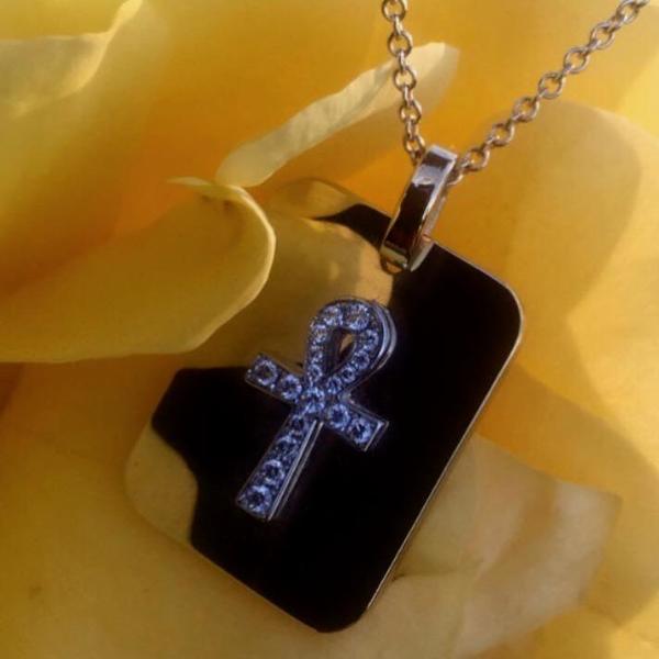 Dog tag made by hand in solid 18K gold, brilliant diamonds and 18K Italian gold chains. Available with an Ankh, Cross, Initials or HU symbol. Made by hand in USA. Expected shipping 7 business days. 