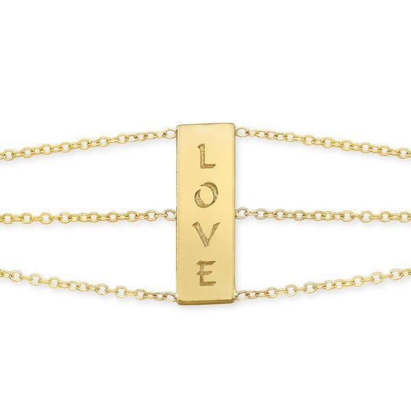 The LOVE 3 chains bracelet is made by hand in solid 18K and 18k Italian gold chains. Available in solid rose, yellow and white gold. The small tag is embellished with a signature white diamond. Made by hand in USA. Expected shipping: 3 business days.