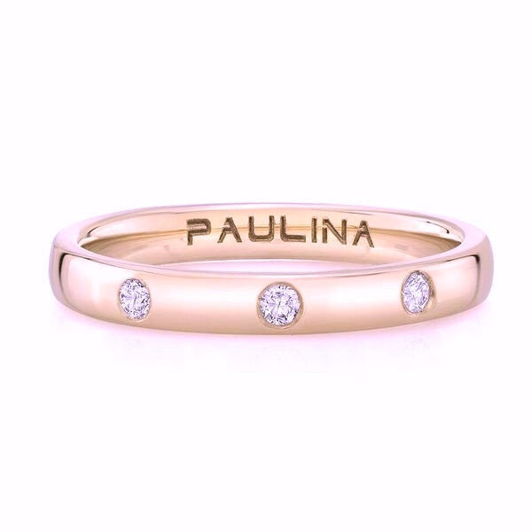 The 3 diamond ring is made by hand in solid gold and 3 round brilliant diamonds. Available in rose, yellow and white gold. Made by hand in USA. Free shipping with the US