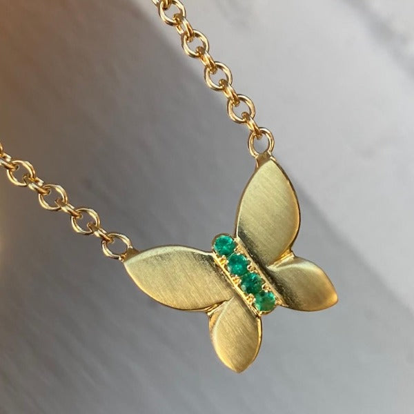 The JJ Butterfly Necklace In Solid 18K Gold And Emeralds Stones