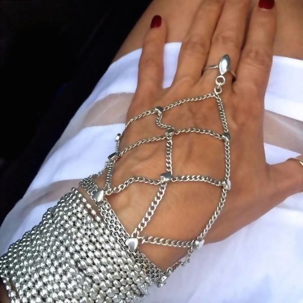 The Paulina ring bracelet is made by hand in solid sterling silver and Italian sterling silver chains. The ring is adjustable. Made by hand in USA. Expected shipping 10-14 business days