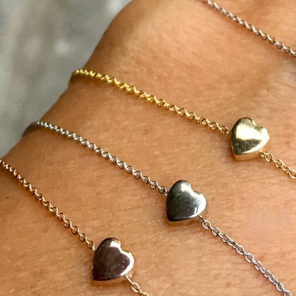 heart bracelets made by hand in solid 14k gold and 14k Italian gold chains